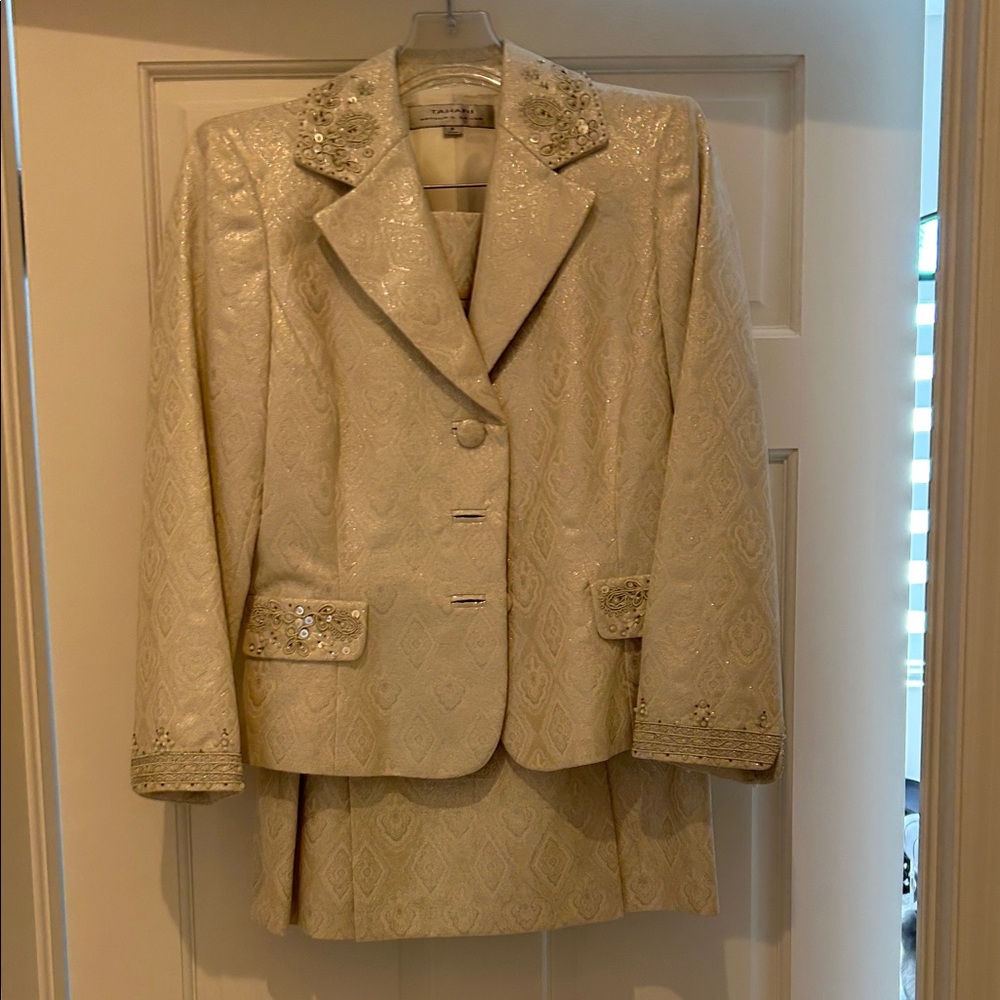 Tahari Cream Embellished Women's Blazer and Skirt Set